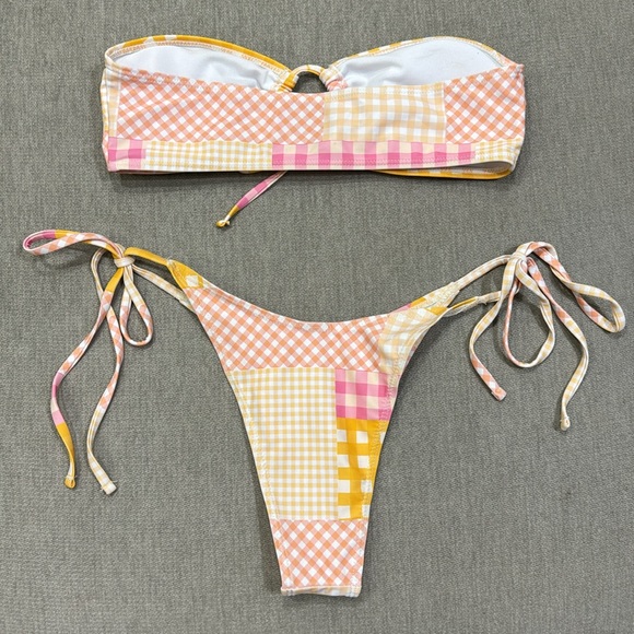 Pink & Orange Patchwork Checkered Tie Bikini Set - Picture 5 of 6